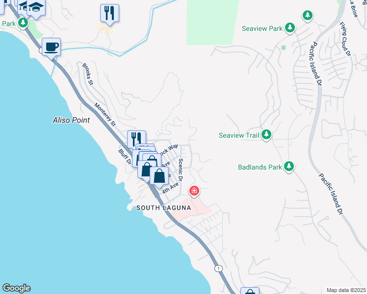 map of restaurants, bars, coffee shops, grocery stores, and more near 31506 Eagle Rock Way in Laguna Beach
