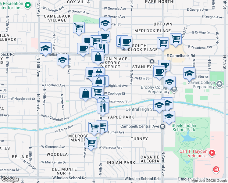 map of restaurants, bars, coffee shops, grocery stores, and more near 339 West Highland Avenue in Phoenix