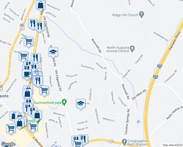 map of restaurants, bars, coffee shops, grocery stores, and more near 706 Crestlyn Drive in North Augusta