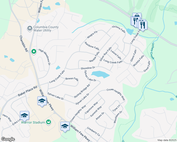 map of restaurants, bars, coffee shops, grocery stores, and more near 1967 Shoreline Drive in Grovetown