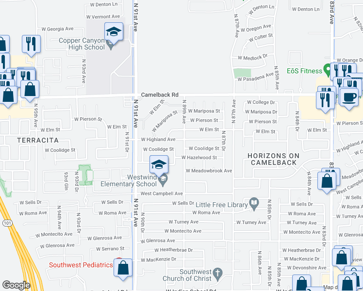 map of restaurants, bars, coffee shops, grocery stores, and more near 4626 North 89th Avenue in Phoenix
