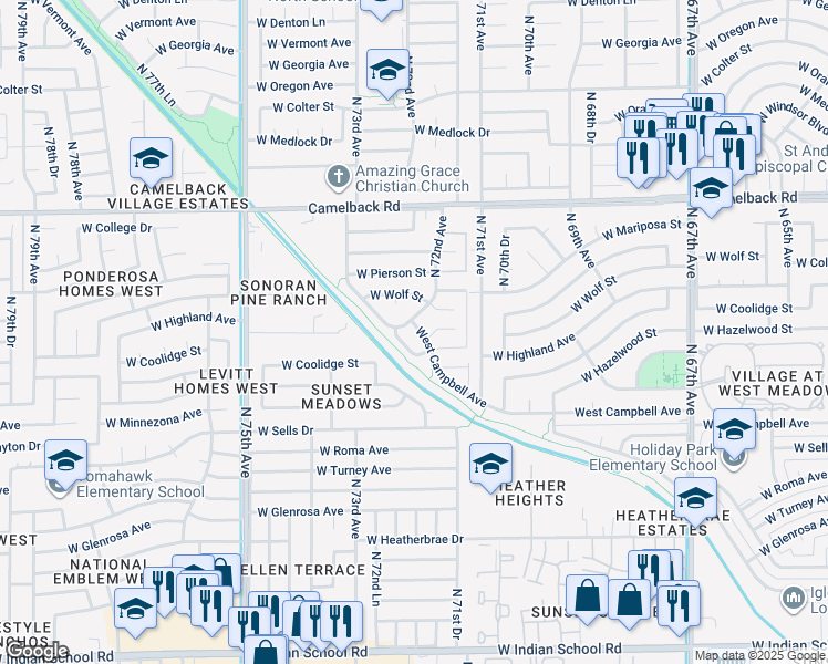map of restaurants, bars, coffee shops, grocery stores, and more near 7169 West Campbell Avenue in Phoenix