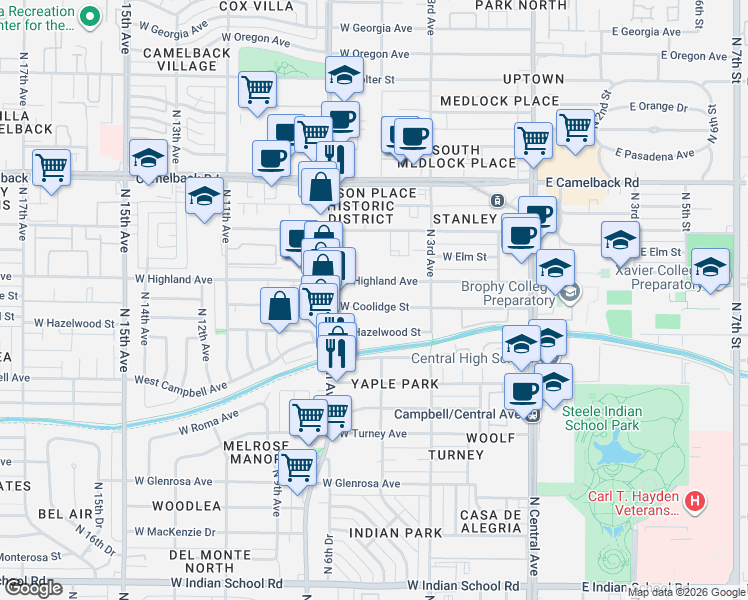 map of restaurants, bars, coffee shops, grocery stores, and more near 339 West Highland Avenue in Phoenix