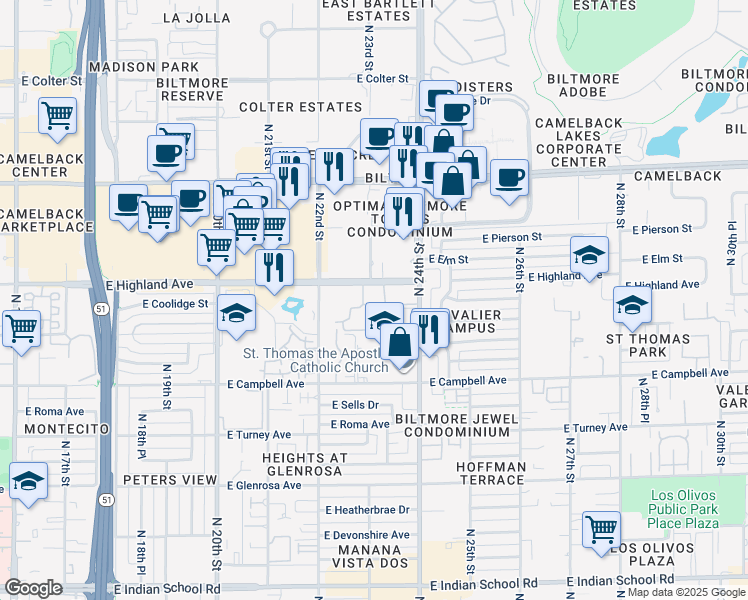 map of restaurants, bars, coffee shops, grocery stores, and more near 2323 East Highland Avenue in Phoenix