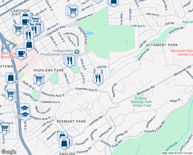 map of restaurants, bars, coffee shops, grocery stores, and more near 1423 33rd Street South in Birmingham