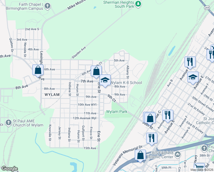 map of restaurants, bars, coffee shops, grocery stores, and more near 701 Erie Street in Birmingham