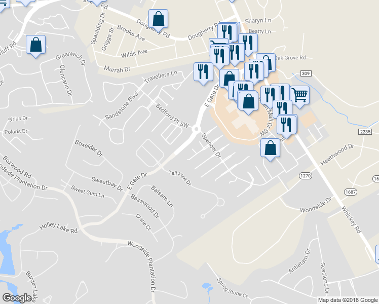 map of restaurants, bars, coffee shops, grocery stores, and more near 3111 Lucas Lane Southwest in Aiken