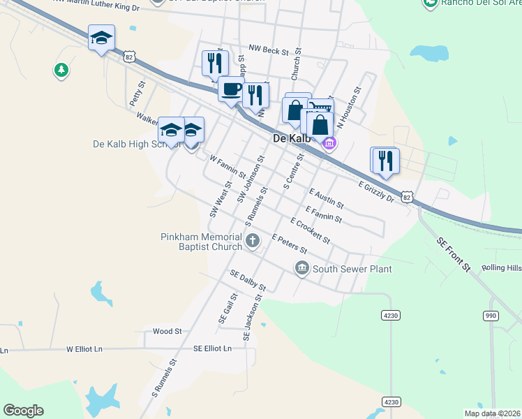 map of restaurants, bars, coffee shops, grocery stores, and more near 308 South Runnels Street in De Kalb