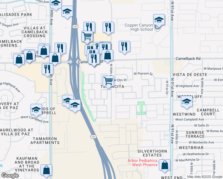 map of restaurants, bars, coffee shops, grocery stores, and more near North 95th Avenue in Phoenix