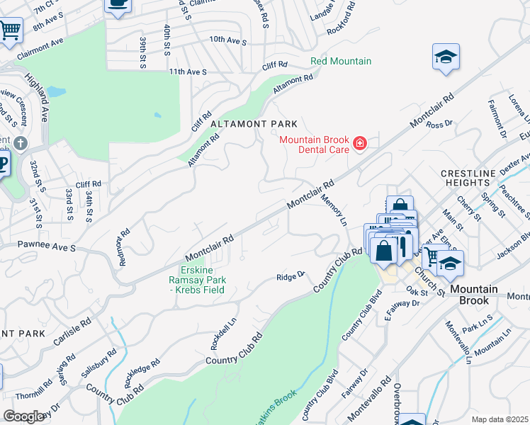 map of restaurants, bars, coffee shops, grocery stores, and more near 3842 Montclair Road in Birmingham