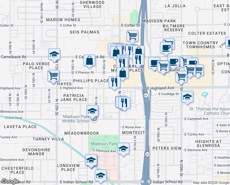 map of restaurants, bars, coffee shops, grocery stores, and more near 1527 East Highland Avenue in Phoenix