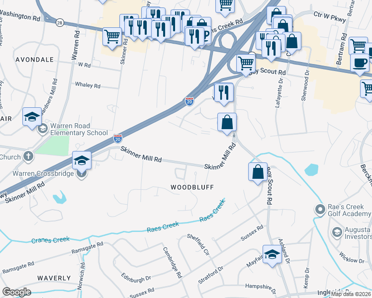 map of restaurants, bars, coffee shops, grocery stores, and more near 3021 Skinner Mill Road in Augusta
