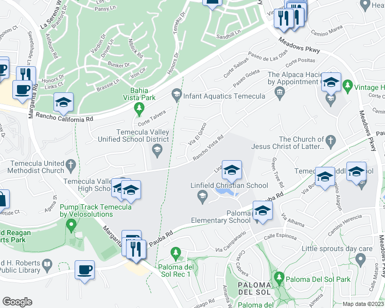 map of restaurants, bars, coffee shops, grocery stores, and more near 31411 Corte Madera in Temecula