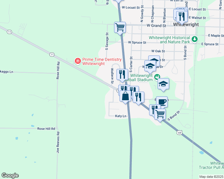 map of restaurants, bars, coffee shops, grocery stores, and more near 109 Alma Lane in Whitewright