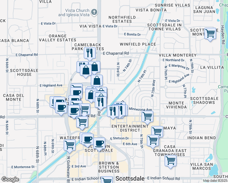 map of restaurants, bars, coffee shops, grocery stores, and more near 4747 North Scottsdale Road in Scottsdale