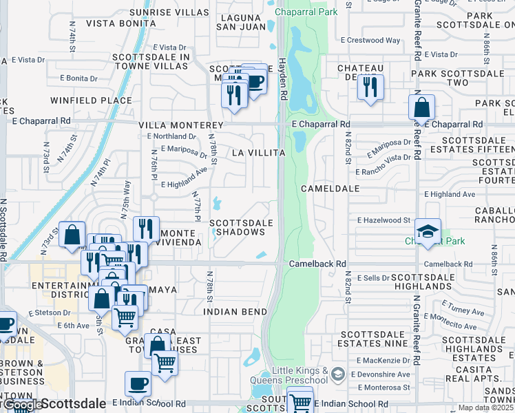 map of restaurants, bars, coffee shops, grocery stores, and more near 7970 East Camelback Road in Scottsdale