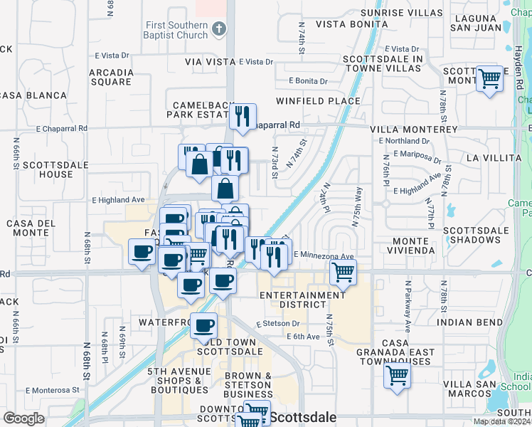 map of restaurants, bars, coffee shops, grocery stores, and more near 4747 North Scottsdale Road in Scottsdale