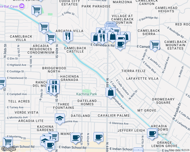 map of restaurants, bars, coffee shops, grocery stores, and more near 4309 East Calle Redonda in Phoenix