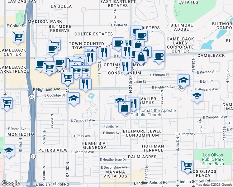 map of restaurants, bars, coffee shops, grocery stores, and more near 4722 East Highland Avenue in Phoenix