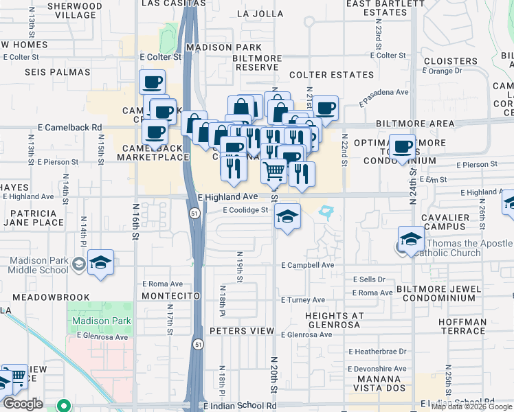 map of restaurants, bars, coffee shops, grocery stores, and more near 1935 East Highland Avenue in Phoenix