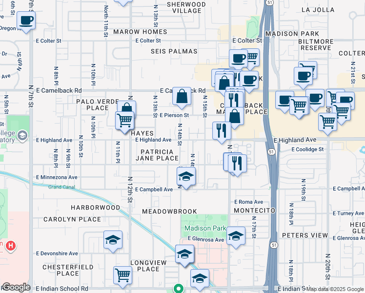 map of restaurants, bars, coffee shops, grocery stores, and more near 1408 East Highland Avenue in Phoenix
