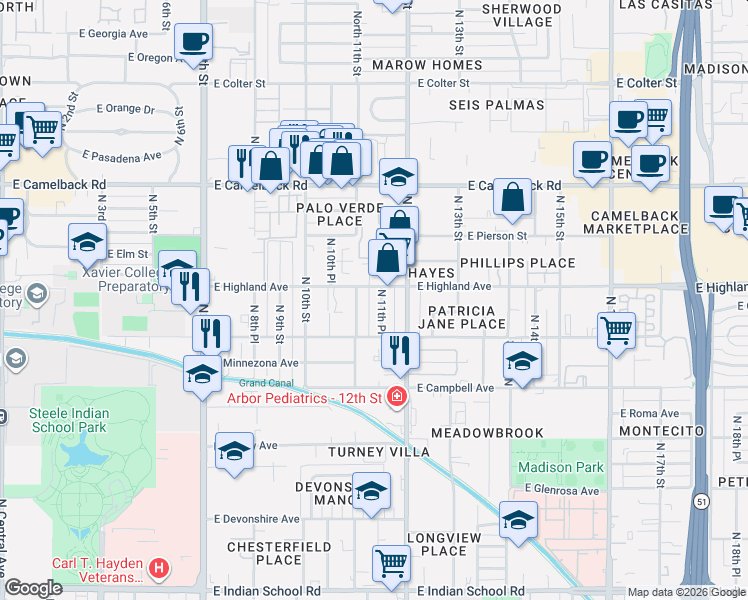 map of restaurants, bars, coffee shops, grocery stores, and more near 1117 East Highland Avenue in Phoenix