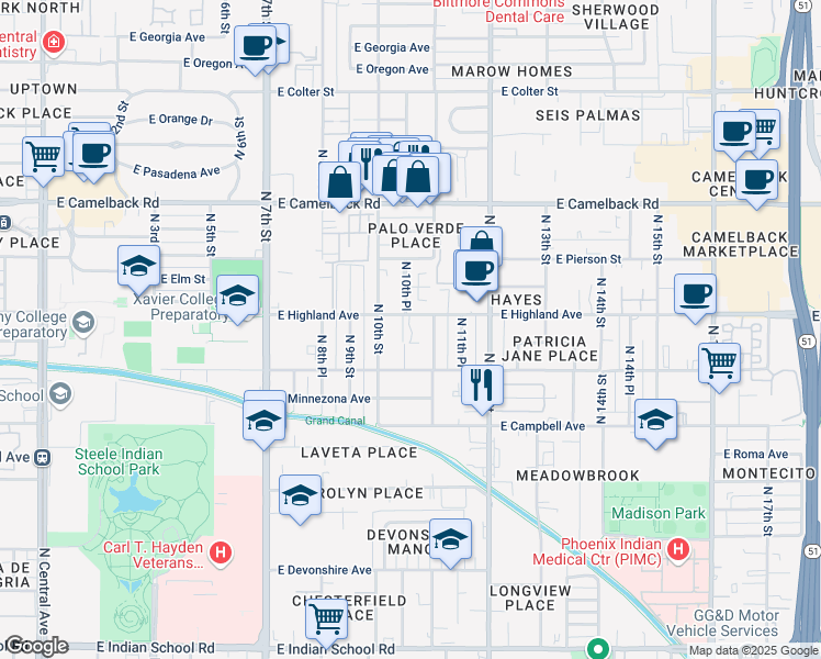 map of restaurants, bars, coffee shops, grocery stores, and more near 1037 East Highland Avenue in Phoenix