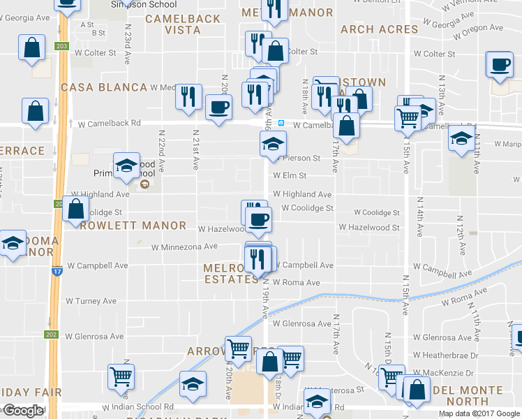 map of restaurants, bars, coffee shops, grocery stores, and more near 4627 North 19th Avenue in Phoenix