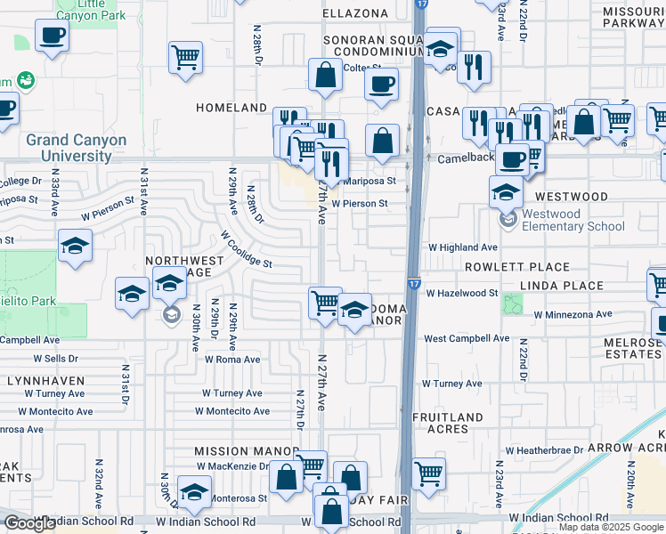 map of restaurants, bars, coffee shops, grocery stores, and more near 4645 North 26th Lane in Phoenix