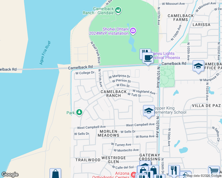 map of restaurants, bars, coffee shops, grocery stores, and more near 11031 West Pierson Street in Phoenix