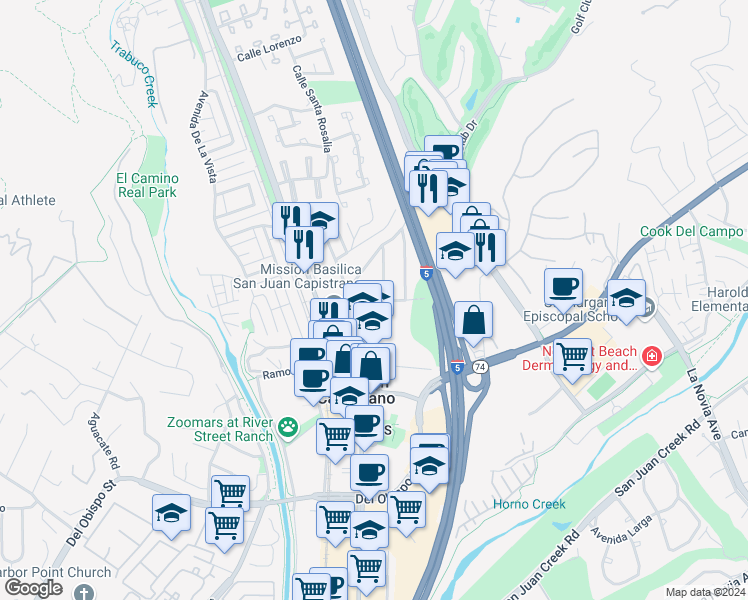 map of restaurants, bars, coffee shops, grocery stores, and more near 31492 La Matanza Street in San Juan Capistrano