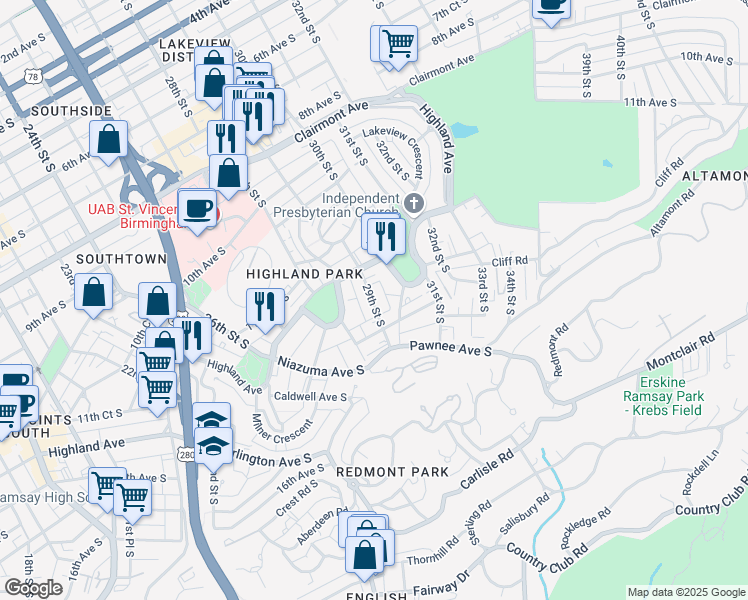 map of restaurants, bars, coffee shops, grocery stores, and more near 1223 29th Street South in Birmingham