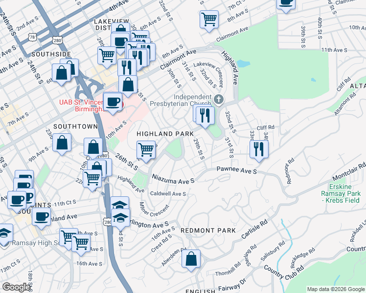 map of restaurants, bars, coffee shops, grocery stores, and more near 2823 Highland Avenue in Birmingham