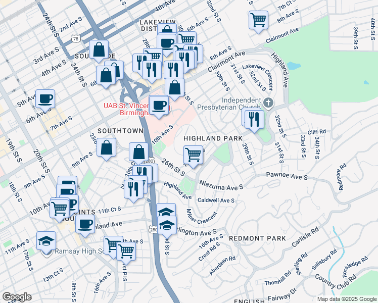 map of restaurants, bars, coffee shops, grocery stores, and more near 57 Hanover Circle in Birmingham