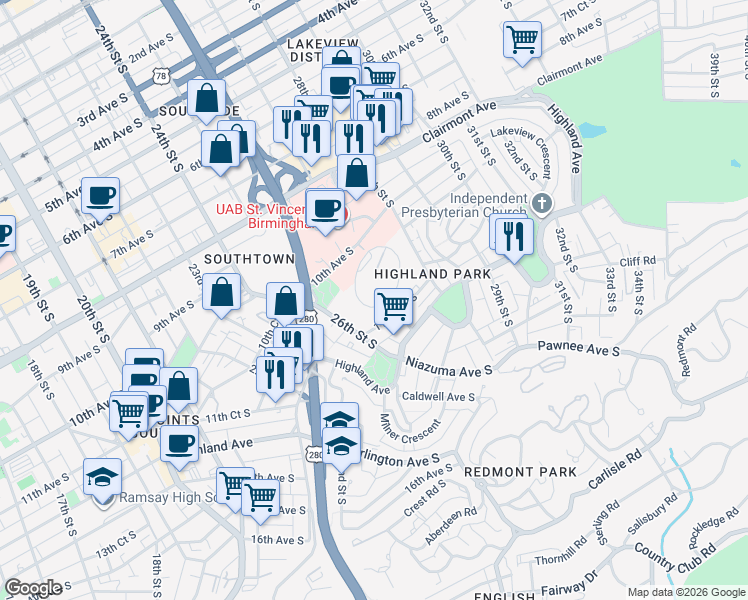 map of restaurants, bars, coffee shops, grocery stores, and more near 57 Hanover Circle in Birmingham