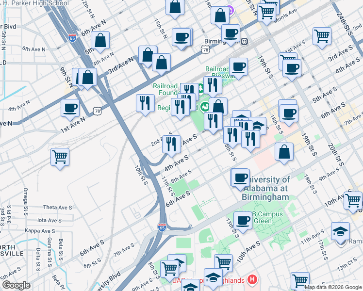 map of restaurants, bars, coffee shops, grocery stores, and more near 1234 3rd Avenue South in Birmingham