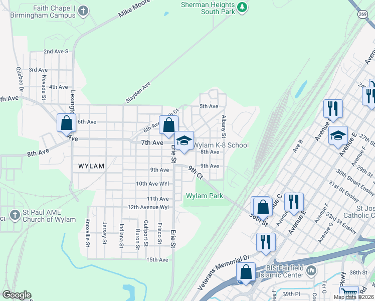 map of restaurants, bars, coffee shops, grocery stores, and more near 725 Cambridge Street in Birmingham