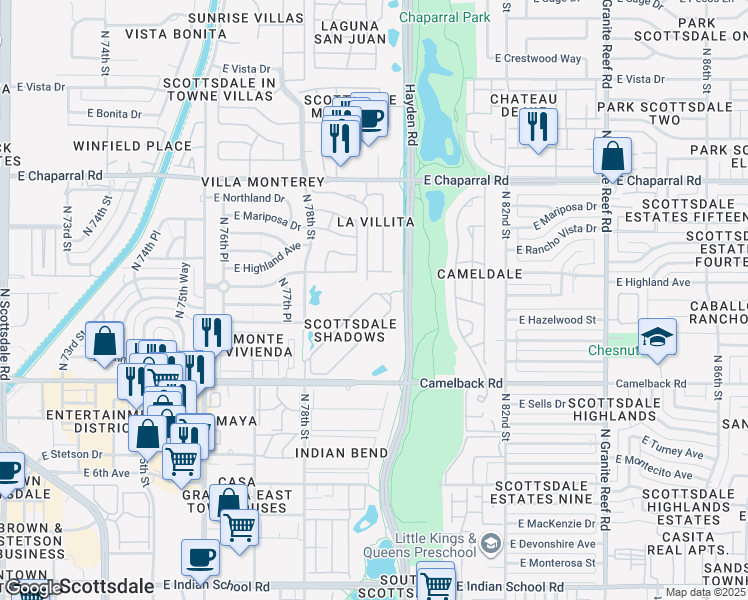 map of restaurants, bars, coffee shops, grocery stores, and more near 7970 East Camelback Road in Scottsdale