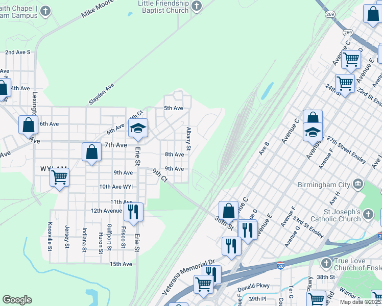 map of restaurants, bars, coffee shops, grocery stores, and more near 756 Attalla Place in Birmingham
