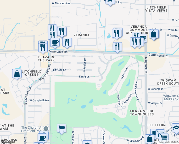 map of restaurants, bars, coffee shops, grocery stores, and more near 520 East Estero Lane in Litchfield Park