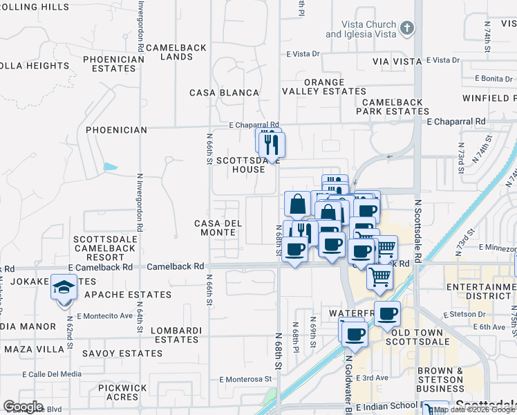 map of restaurants, bars, coffee shops, grocery stores, and more near 4630 North 68th Street in Scottsdale