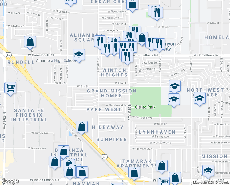 map of restaurants, bars, coffee shops, grocery stores, and more near 3555 West Coolidge Street in Phoenix