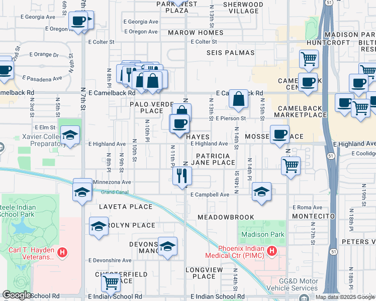 map of restaurants, bars, coffee shops, grocery stores, and more near 4645 North 12th Street in Phoenix