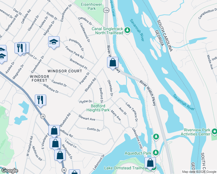 map of restaurants, bars, coffee shops, grocery stores, and more near 1017 Oleander Drive in Augusta