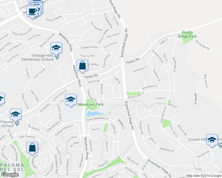 map of restaurants, bars, coffee shops, grocery stores, and more near 32574 Glick Court in Temecula