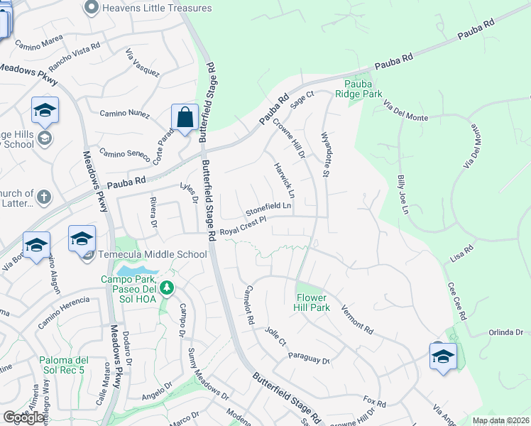 map of restaurants, bars, coffee shops, grocery stores, and more near 32829 Stonefield Lane in Temecula
