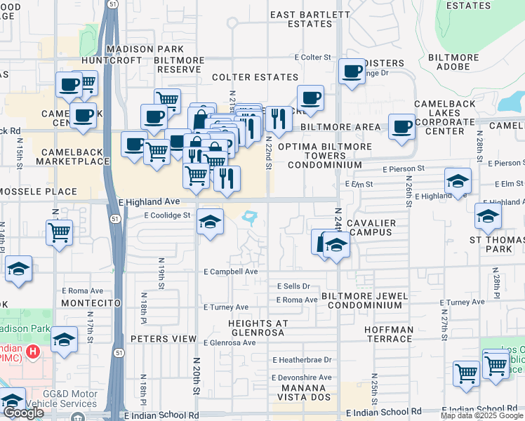 map of restaurants, bars, coffee shops, grocery stores, and more near 2141 East Highland Avenue in Phoenix