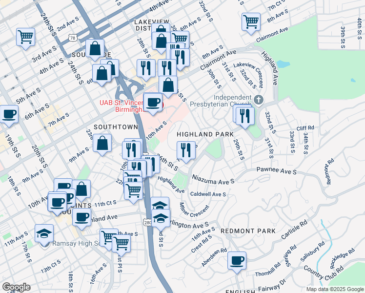 map of restaurants, bars, coffee shops, grocery stores, and more near 57 Hanover Circle in Birmingham