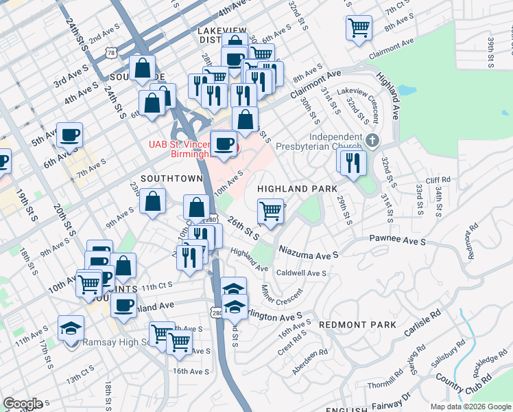 map of restaurants, bars, coffee shops, grocery stores, and more near 57 Hanover Circle in Birmingham