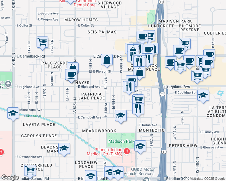 map of restaurants, bars, coffee shops, grocery stores, and more near 1408 East Highland Avenue in Phoenix